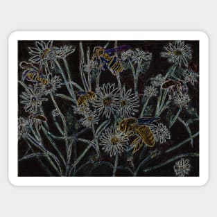 Bees in the Wild Daisies, Neon Digital Art Sticker